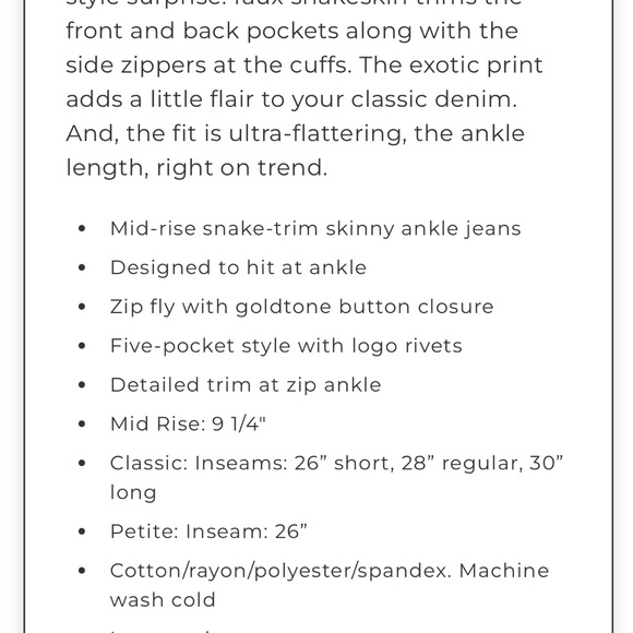 White House Black Market Mid-Rise Snake Trim Ankle Jeans Everyday Soft Sz 2 - Picture 3 of 14